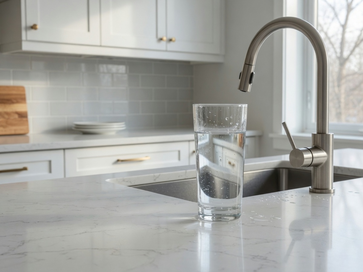 Clear glass of water on a modern kitchen counter