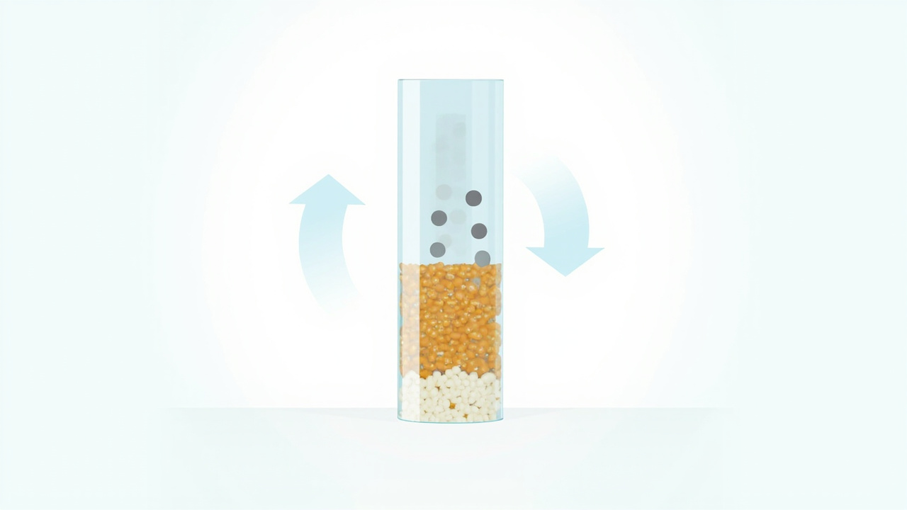 Amber resin beads in a clear softener tank with abstract ion flow