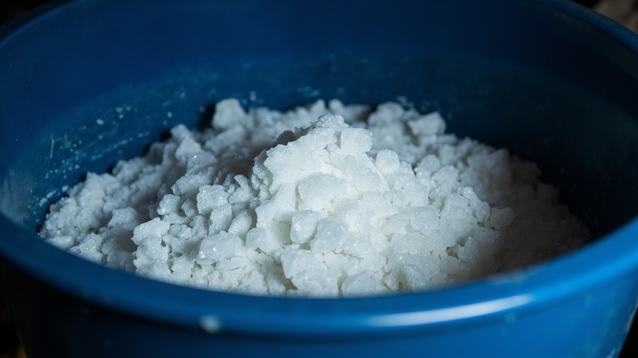 Loose white solar salt crystals mounded in a blue brine tank