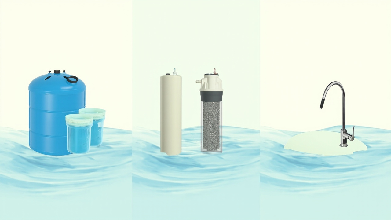 Softener tank, carbon filter housings, and RO faucet shown as three paths