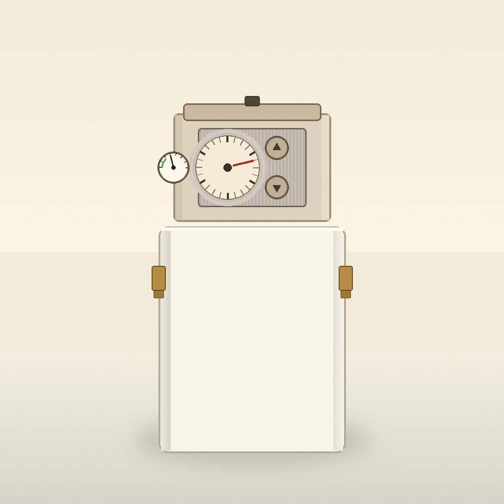 water softener control head with clock-style dial and up/down buttons on top of the tank
