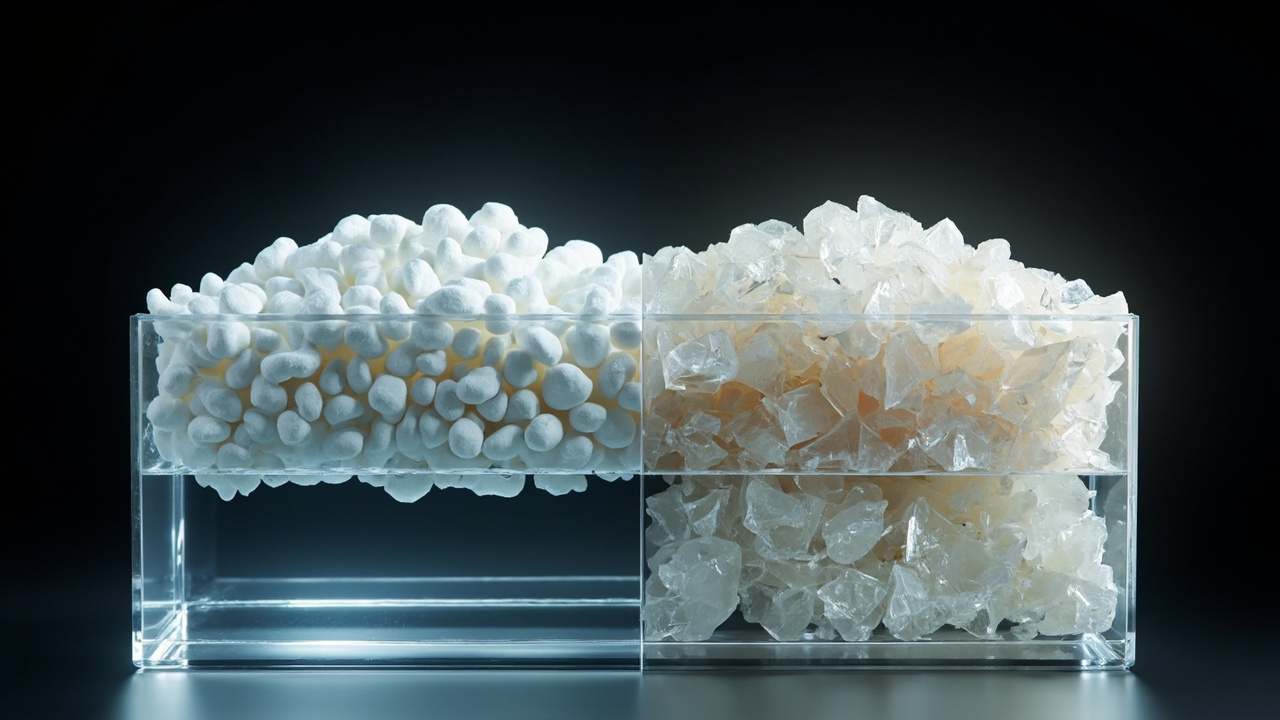 close-up of two salt types — white evaporated pellets and translucent solar crystals — side by side in clear display containers