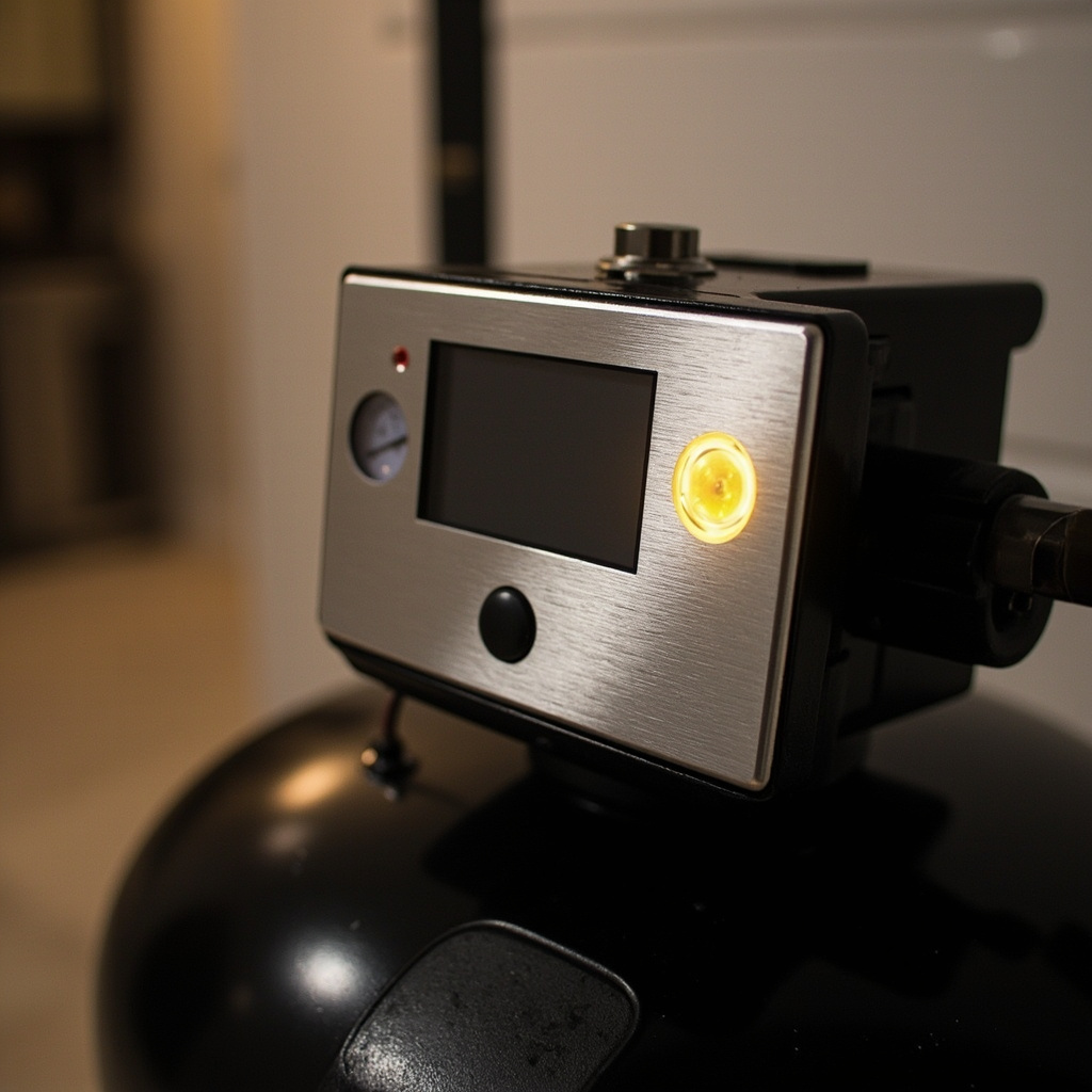 water softener control valve with dark LCD display and an illuminated yellow button on the front faceplate