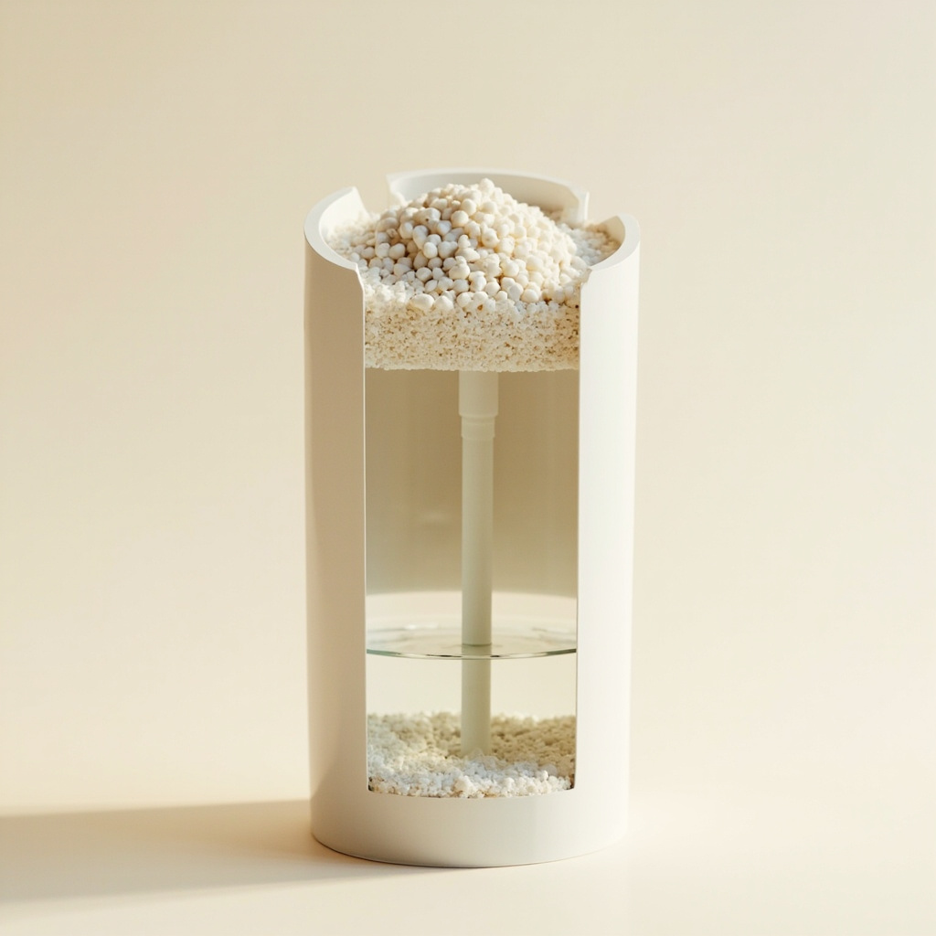 brine tank cross-section showing salt pellets piled at the top, a vertical standpipe, and salt at the base with a thin water layer between them