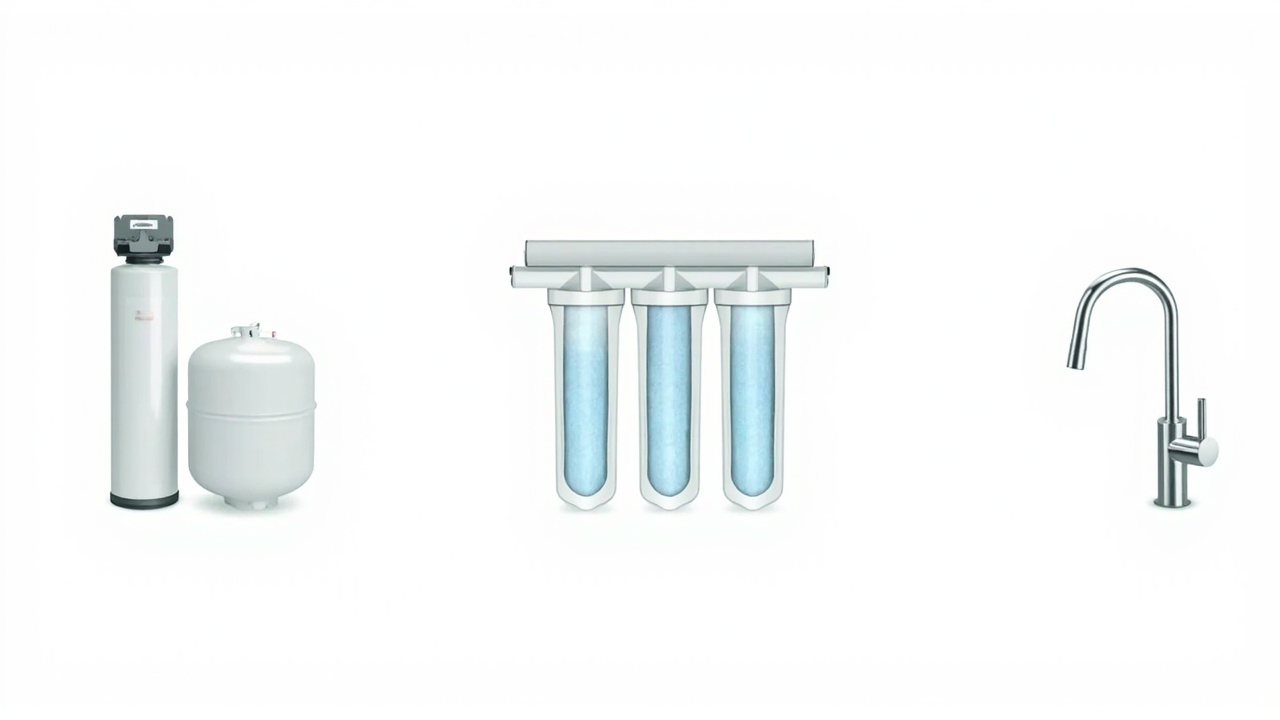 Water softener tanks, multi-stage filter housings, and RO faucet as three paths