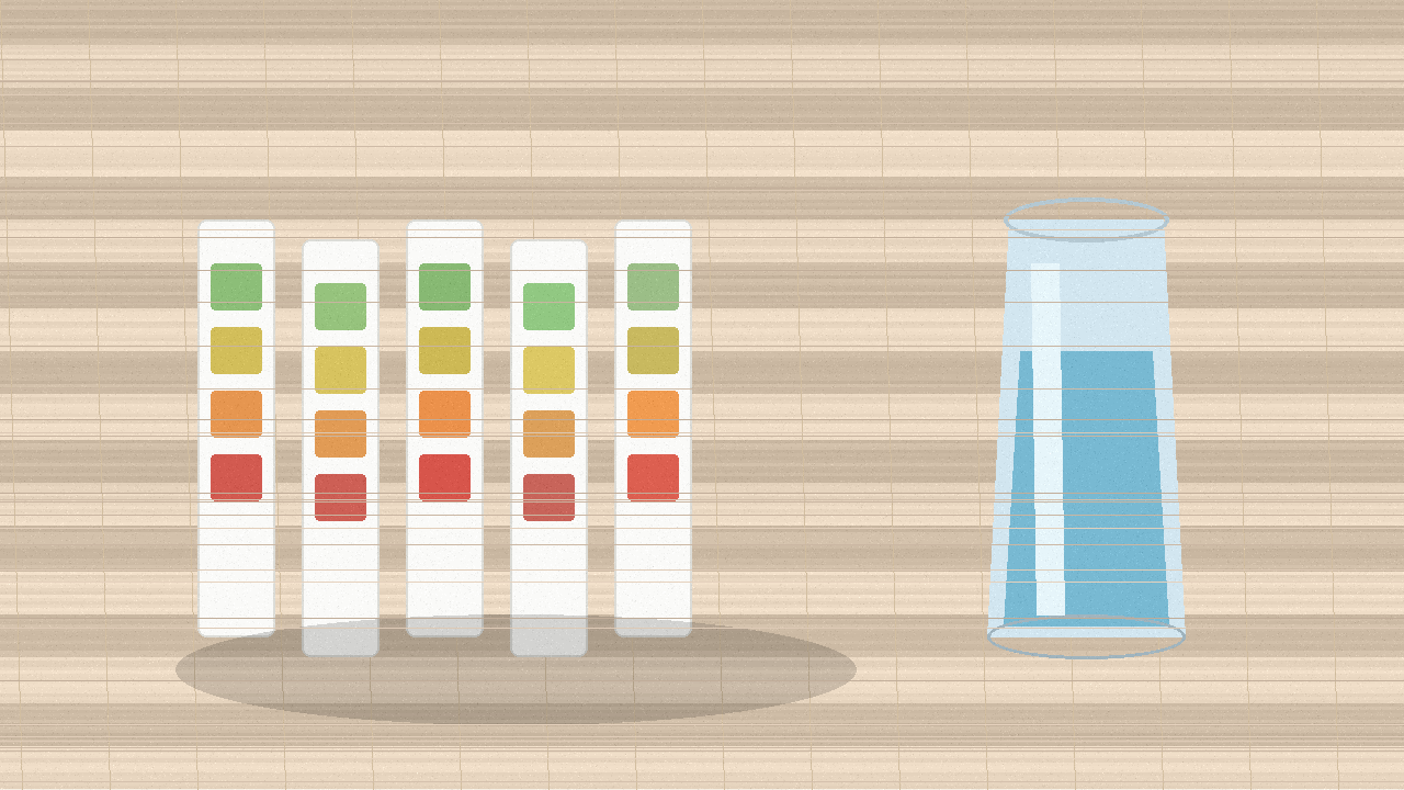 Blank hardness test strips with color pads beside a glass of tap water