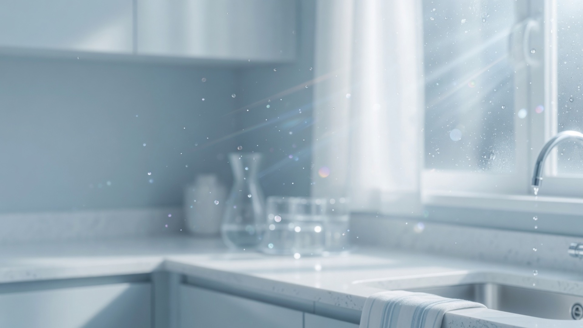 Clear glass of water on a kitchen counter by a faucet