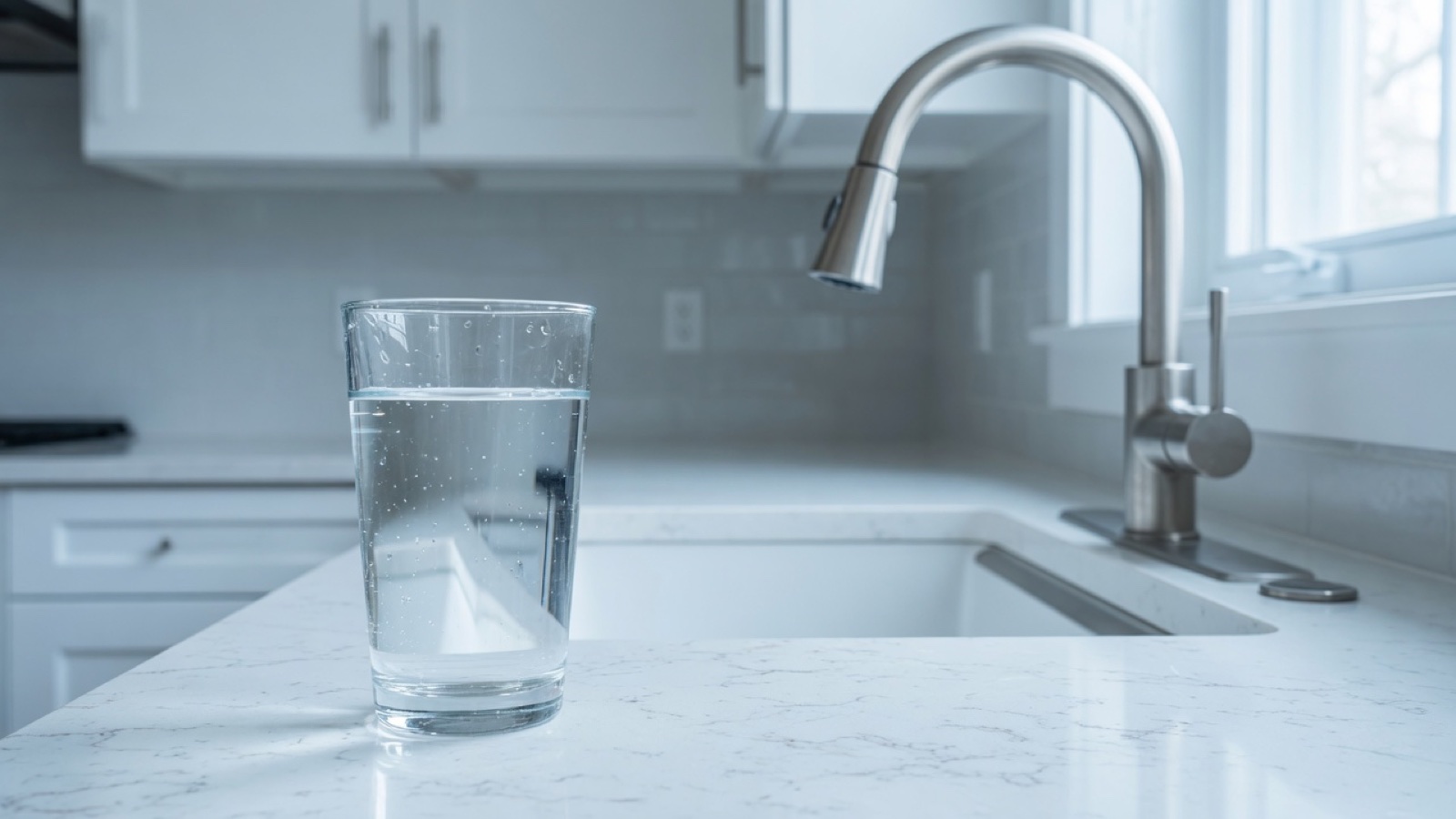 Clear glass of water on a kitchen counter by a faucet