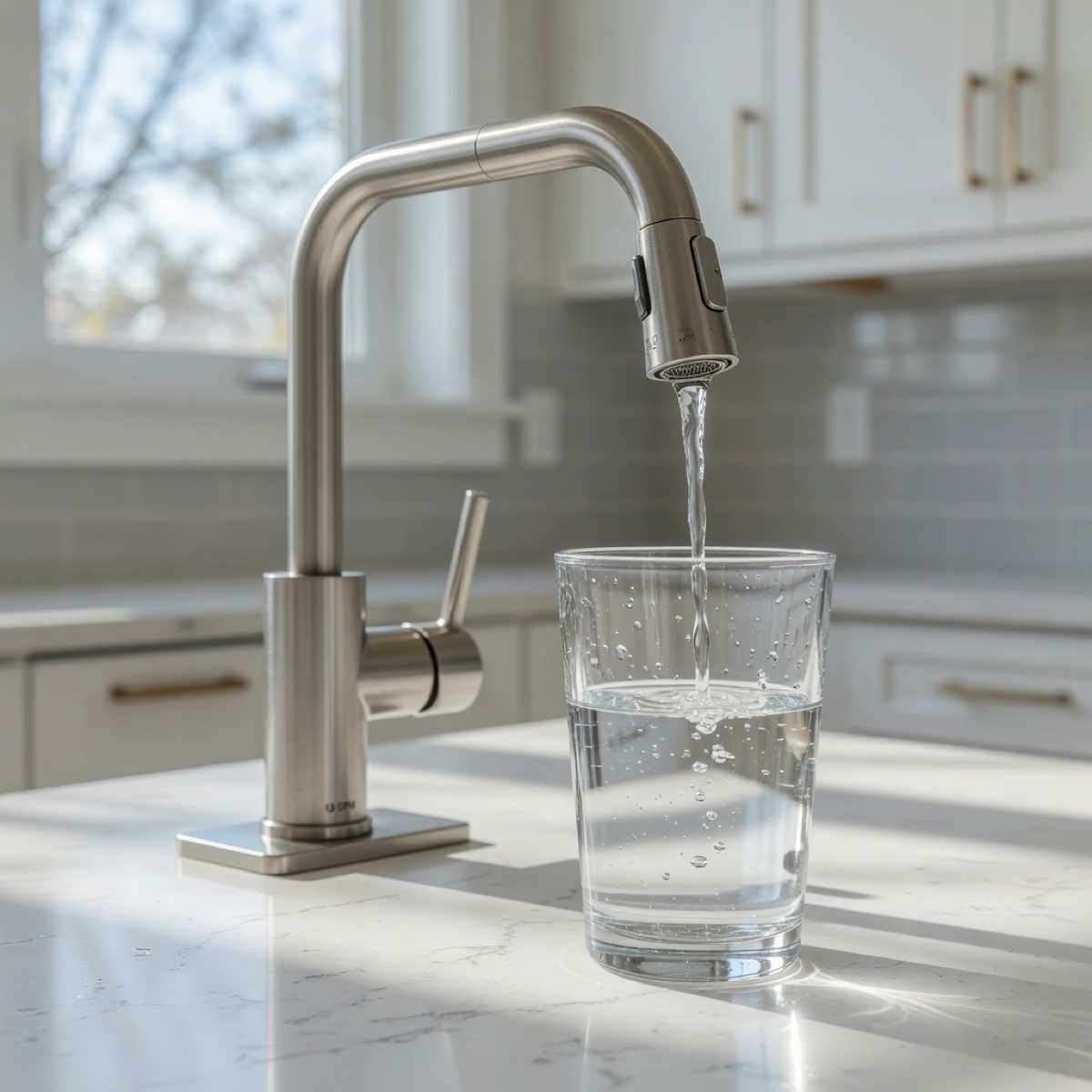 Clear glass of water by a modern kitchen faucet